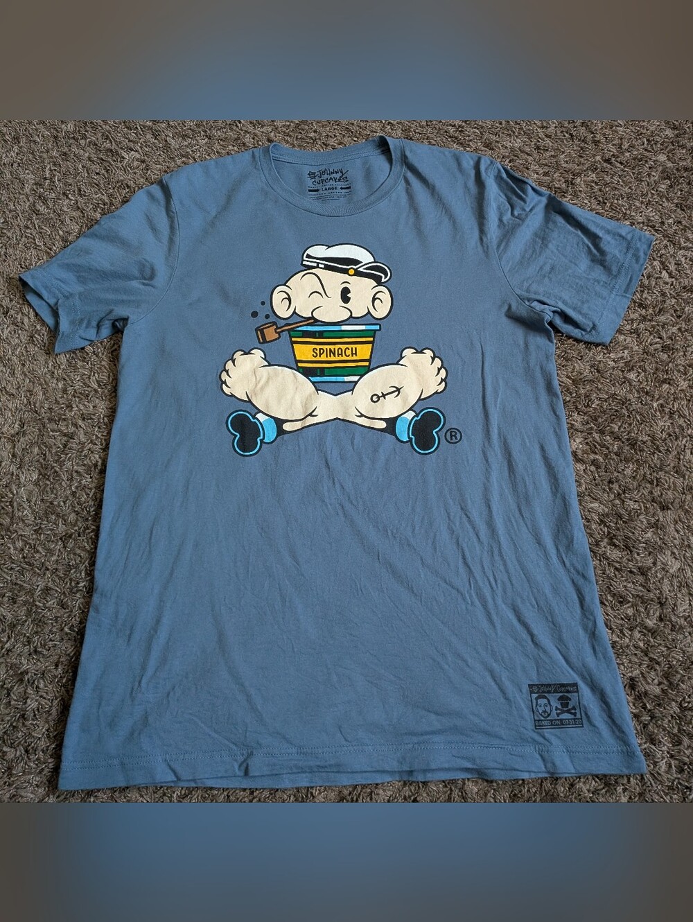 Johnny Cupcakes Blue Popeye Spinach Graphic Cotton Logo Shirt Men's L